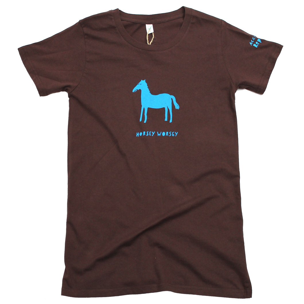 horsey worsey t-shirt, original and cool design, blue horse on brown shirt