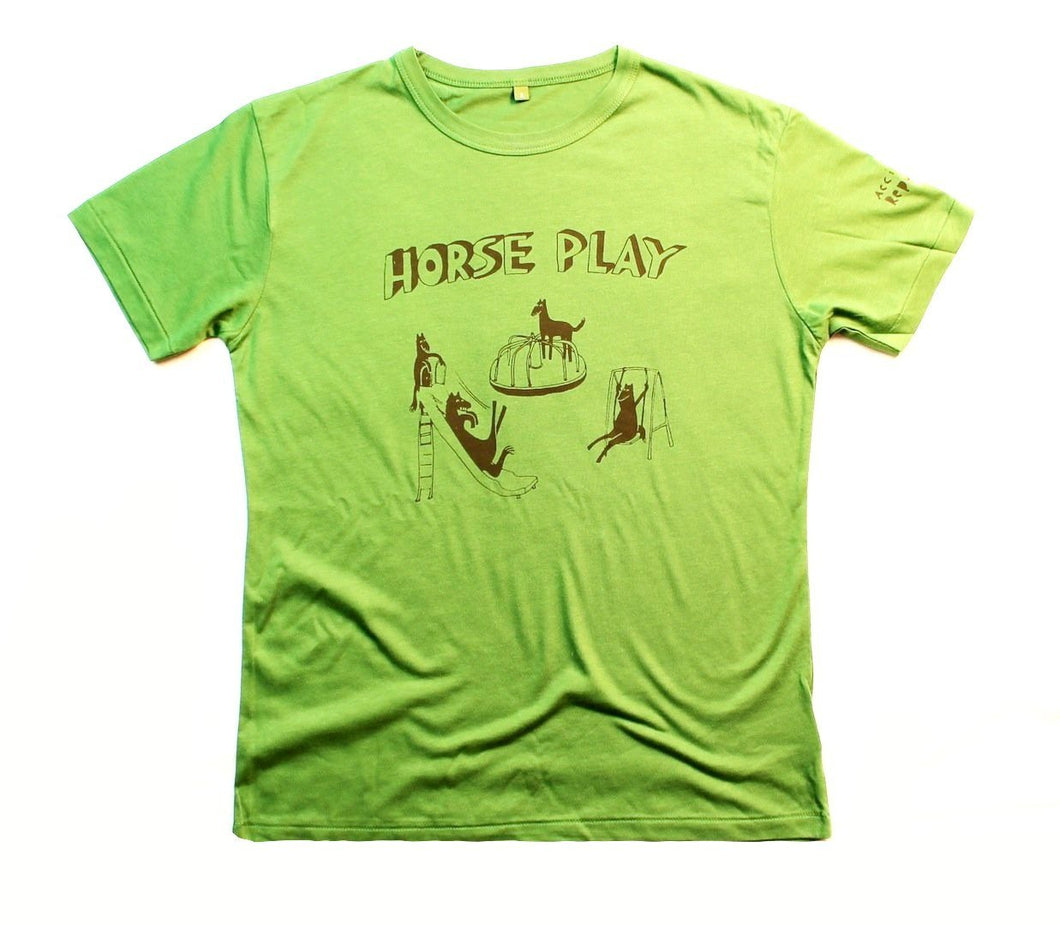 Horseplay t-shirt, unusual and witty design, original t-shirt on green bamboo