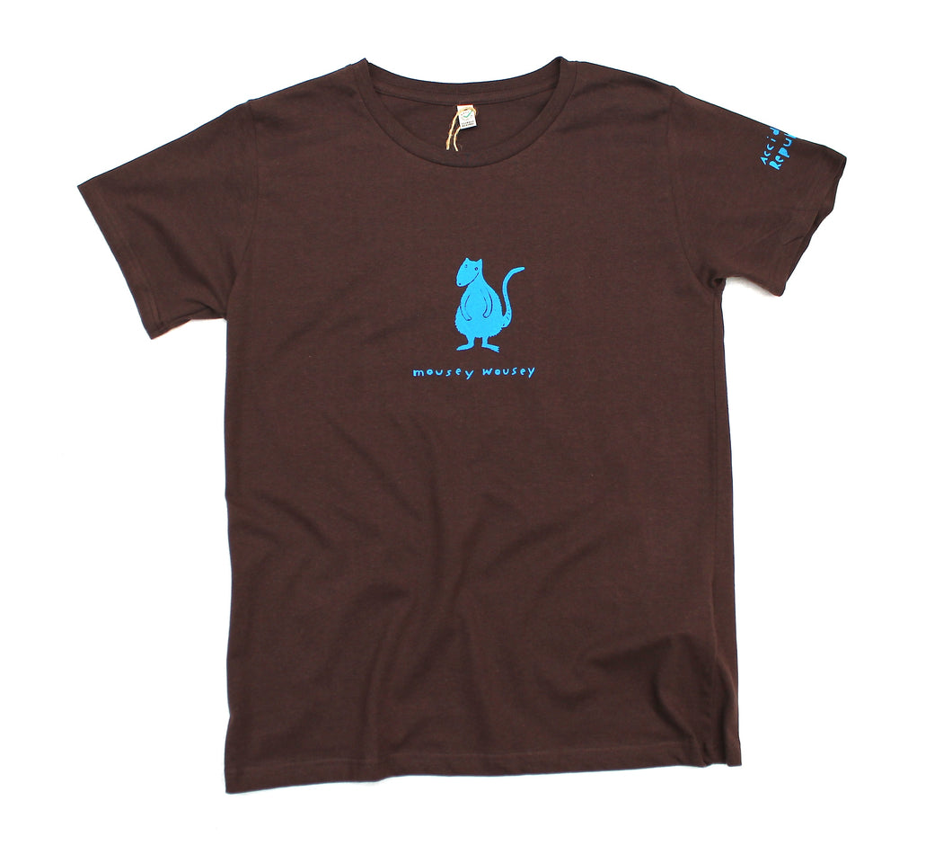 Mousey wousey t-shirt, blue print on brown jersey. Original cool design.