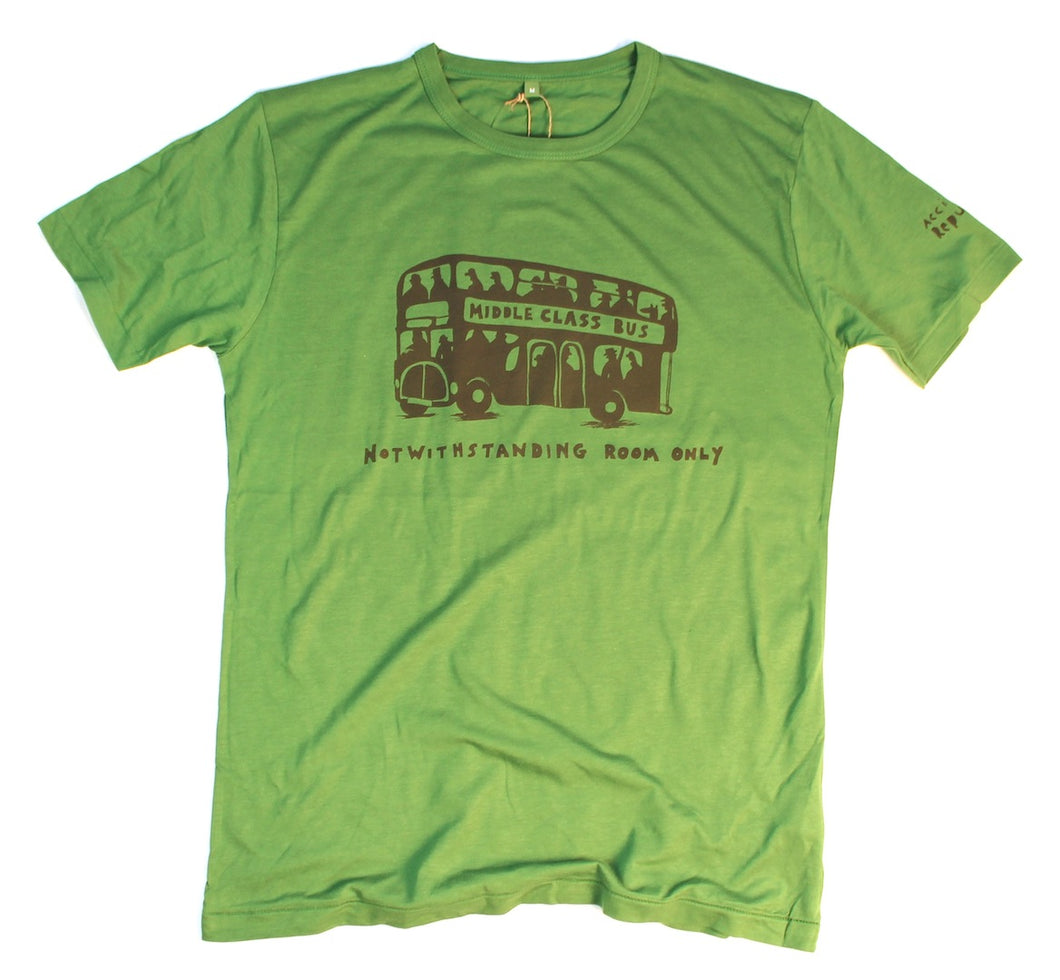 middle class bus, notwithstanding room only. Unusual and witty t-shirt. Leaf green bamboo jersey.