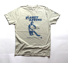 Load image into Gallery viewer, planet of the aprons t-shirt, original design, unique and cool t-shirt in grey with blue print