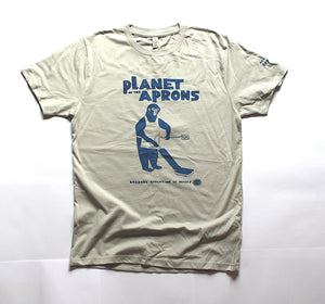 planet of the aprons t-shirt, original design, unique and cool t-shirt in grey with blue print