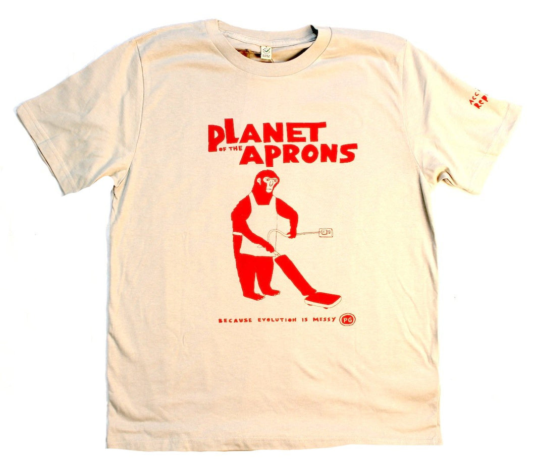 planet of the aprons t-shirt, original design, unique and cool t-shirt in grey with red print