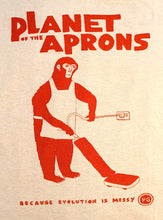 Load image into Gallery viewer, planet of the aprons t-shirt, original design, unique and cool t-shirt in grey with red print, close up