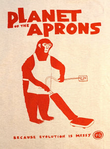planet of the aprons t-shirt, original design, unique and cool t-shirt in grey with red print, close up